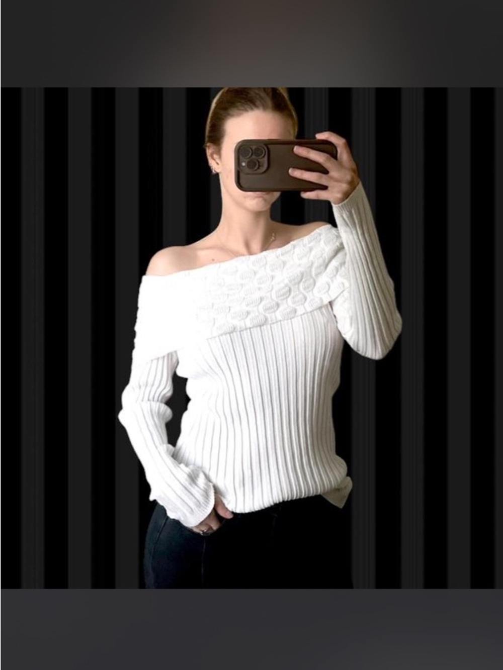 Off-the-Shoulder Cable & Rib Knit Sweater - White